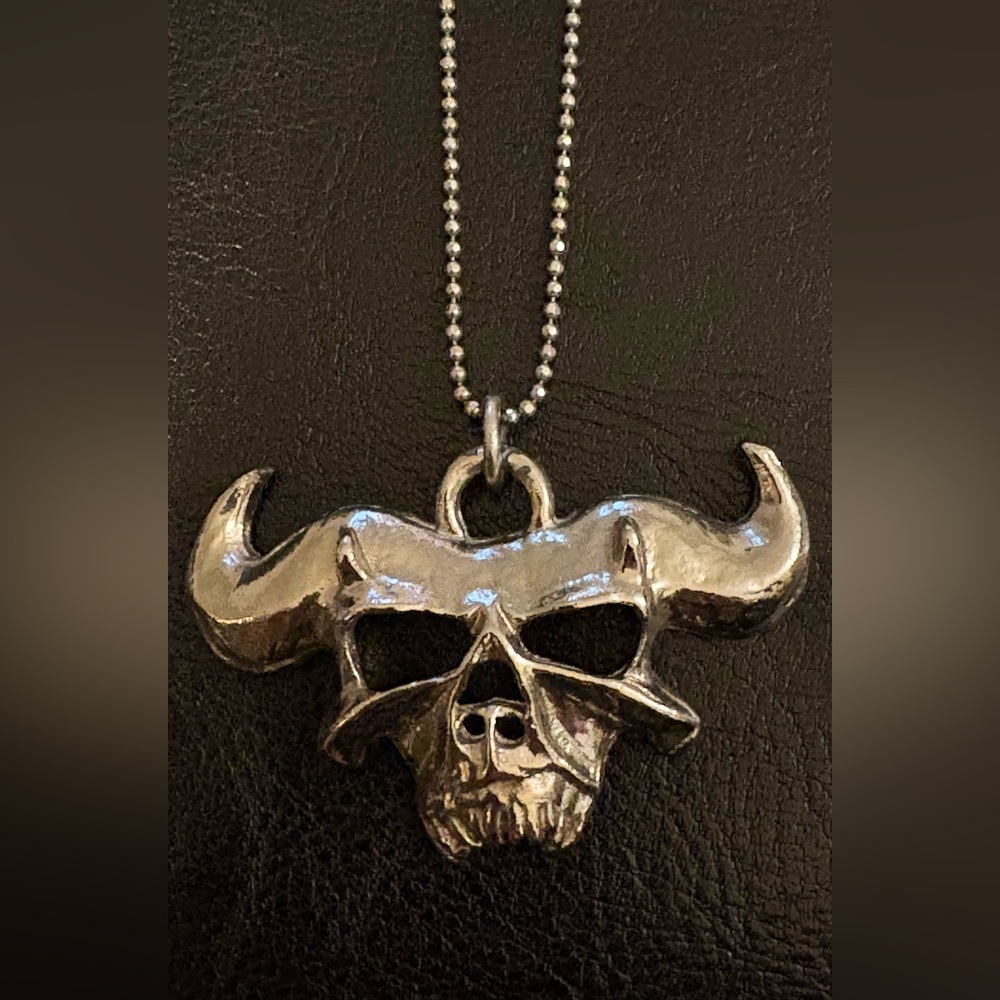 Silvertone Bull Horned Skull Pendant Necklace